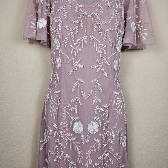 Adrianna Papell Embellished Dress Flutter Sleeve Cocktail Party Beaded Pink Sz 6 - Picture 6 of 16